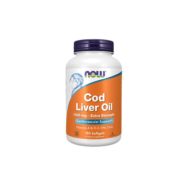 A bottle of Now Foods Cod Liver Oil, Extra Strength 1000 mg, containing 180 softgels emphasizes cardiovascular health support and includes essential Omega-3 fatty acids along with vitamins A, D-3, EPA, and DHA.